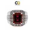 Premium Lab Corundum Ruby with Moissanite Sterling Silver 925 Men's Ring Emerald Cut Rhodium Plated