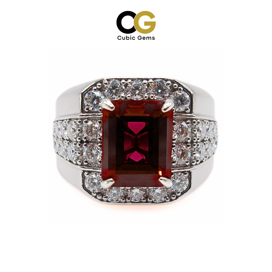 Premium Lab Corundum Ruby with Moissanite Sterling Silver 925 Men's Ring Emerald Cut Rhodium Plated