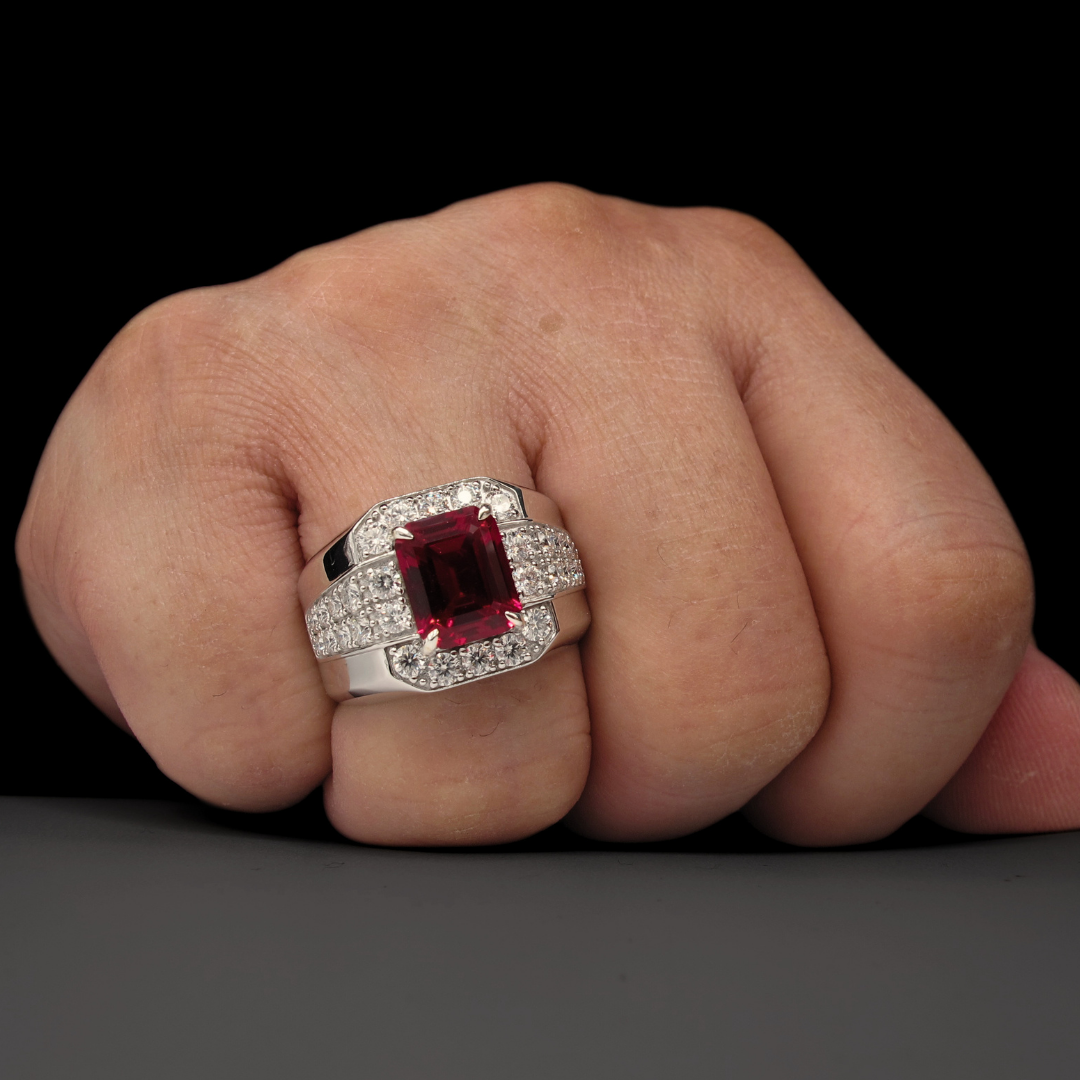 Premium Lab Corundum Ruby with Moissanite Sterling Silver 925 Men's Ring Emerald Cut Rhodium Plated