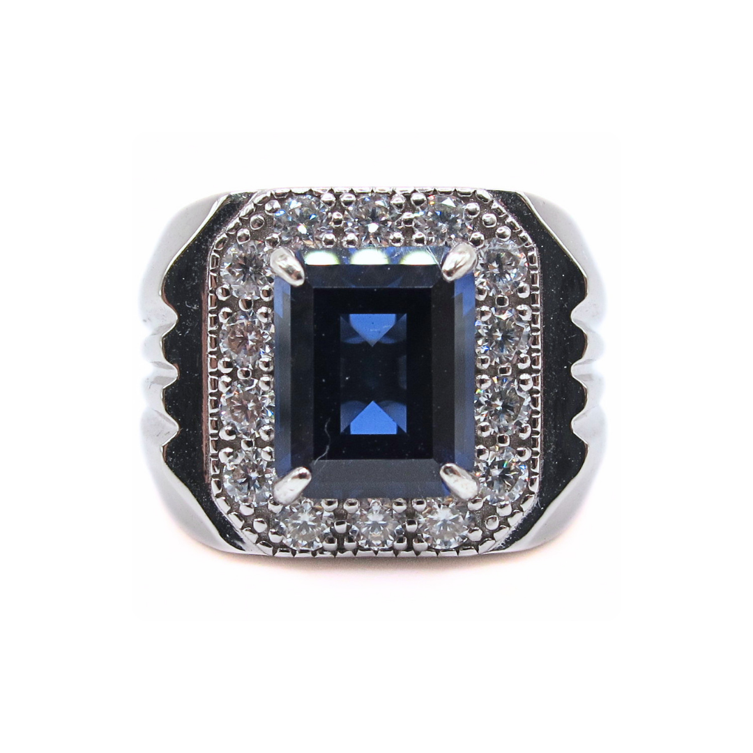CG Premium Lab Corundum Sapphire Sterling Silver 925 Men's Ring Emerald Cut Surrounded Moissanite