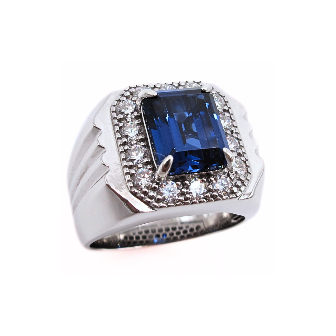 CG Premium Lab Corundum Sapphire Sterling Silver 925 Men's Ring Emerald Cut Surrounded Moissanite