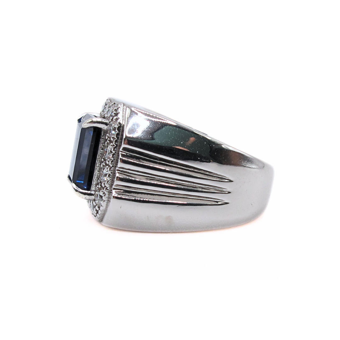 CG Premium Lab Corundum Sapphire Sterling Silver 925 Men's Ring Emerald Cut Surrounded Moissanite