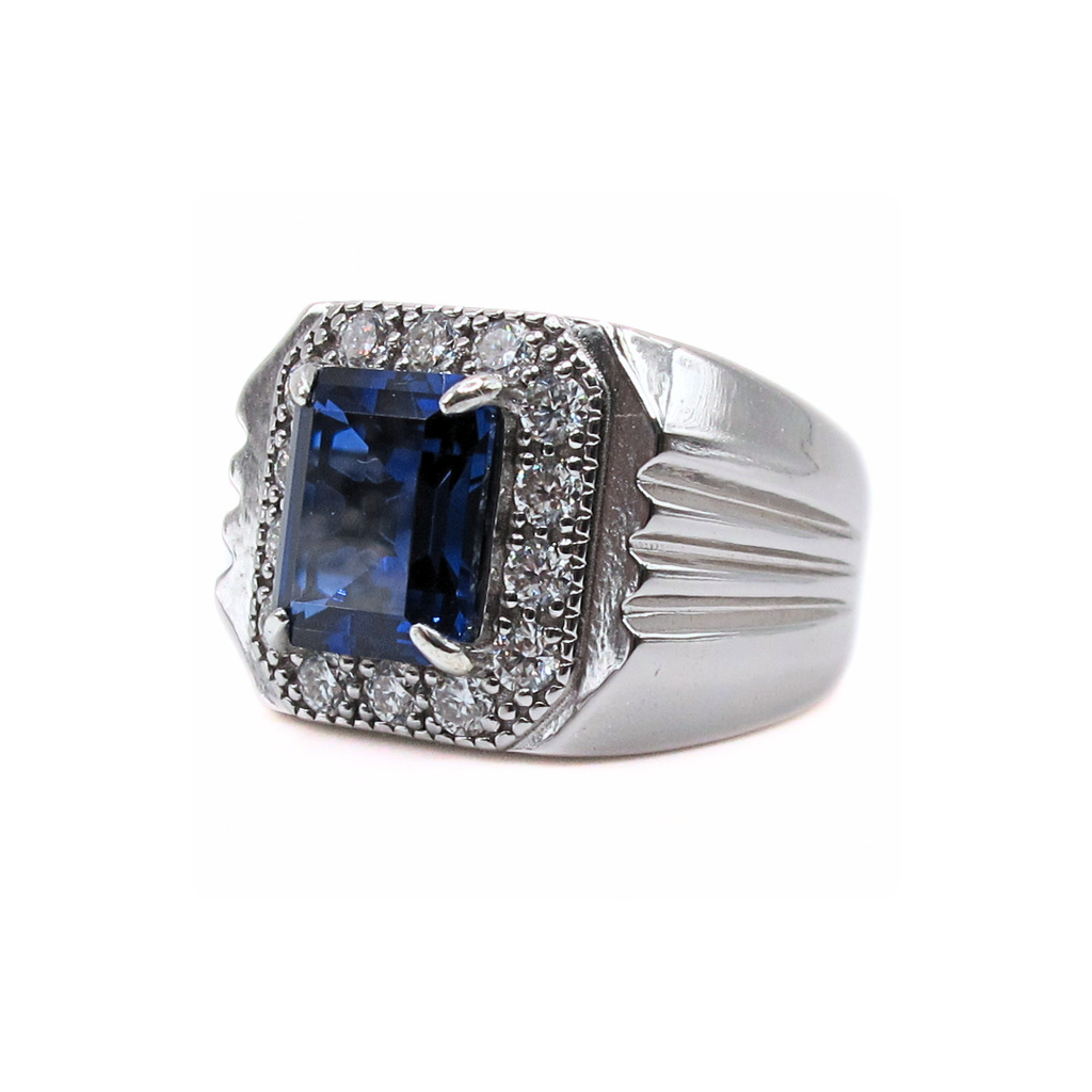 CG Premium Lab Corundum Sapphire Sterling Silver 925 Men's Ring Emerald Cut Surrounded Moissanite