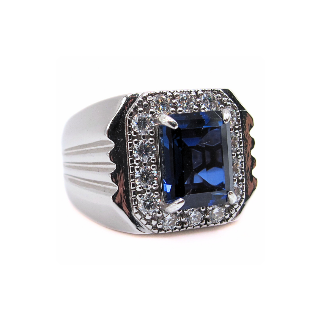 CG Premium Lab Corundum Sapphire Sterling Silver 925 Men's Ring Emerald Cut Surrounded Moissanite