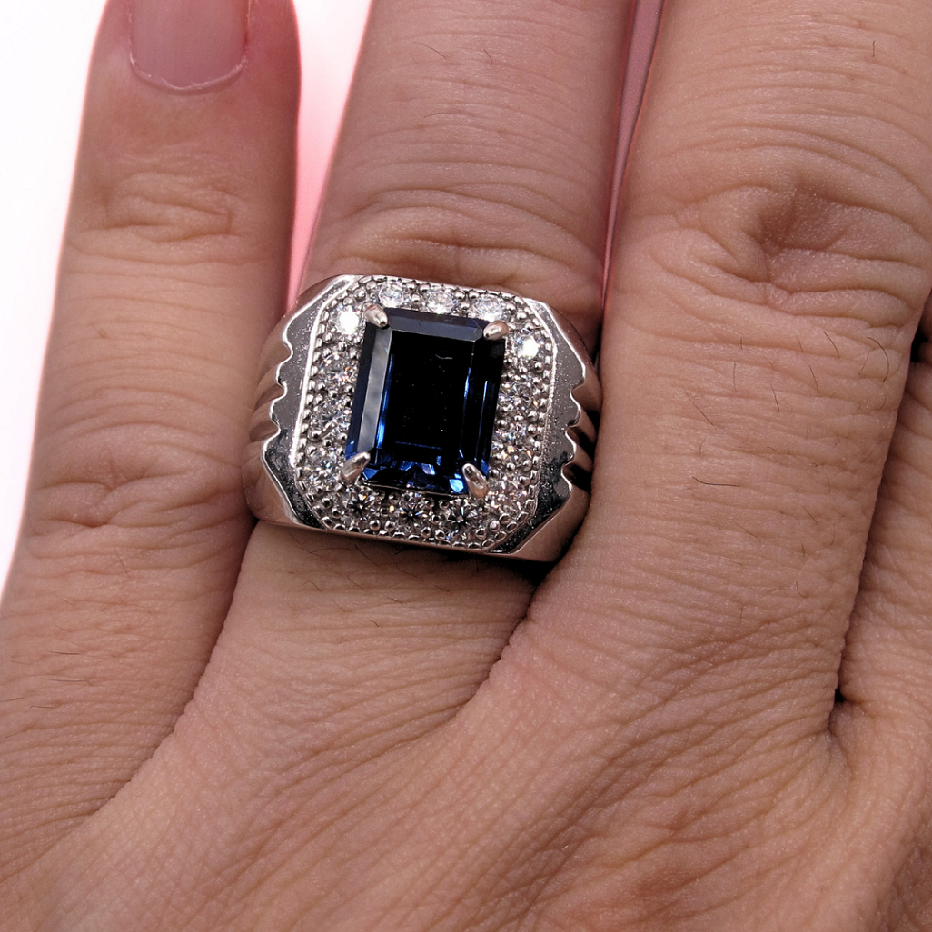 CG Premium Lab Corundum Sapphire Sterling Silver 925 Men's Ring Emerald Cut Surrounded Moissanite