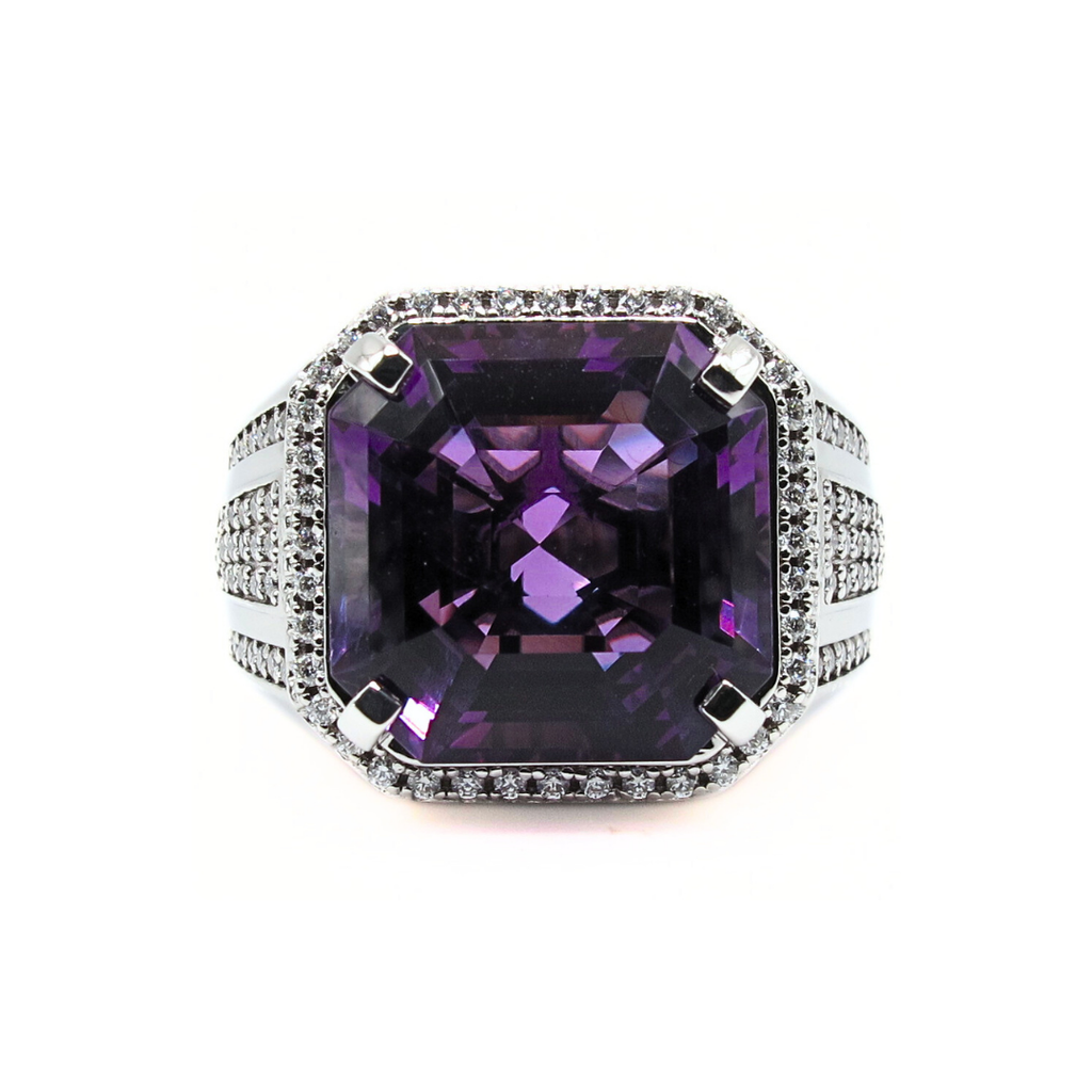 CG | Premium Natural Amethyst Men’s Ring | Asscher Cut 12ct | D VVS Moissanite | Micro Pave Setting