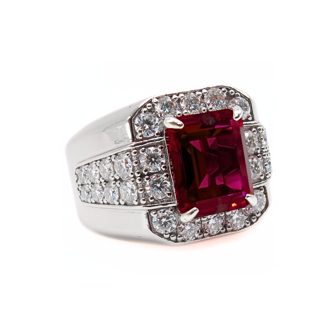 Premium Lab Corundum Ruby with Moissanite Sterling Silver 925 Men's Ring Emerald Cut Rhodium Plated