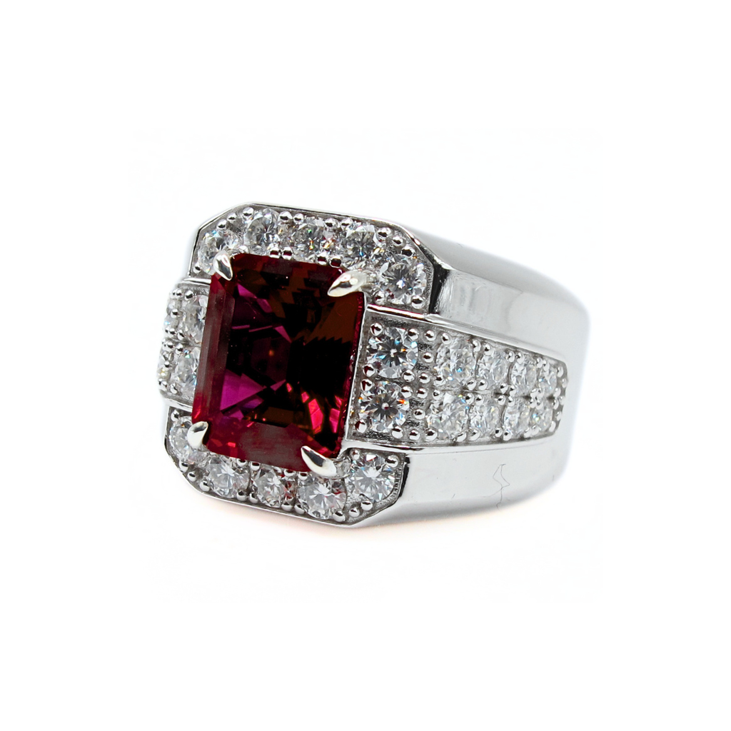 Premium Lab Corundum Ruby with Moissanite Sterling Silver 925 Men's Ring Emerald Cut Rhodium Plated