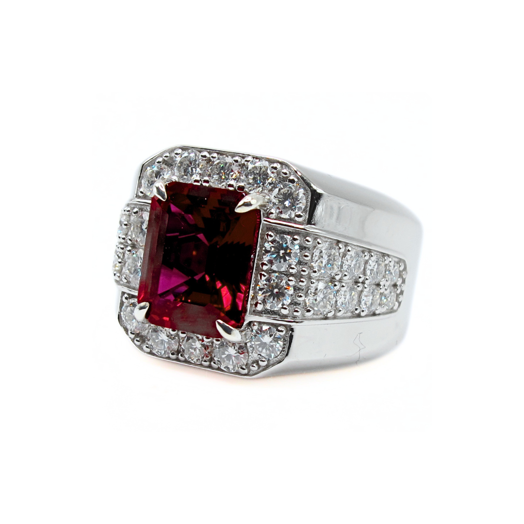 Premium Lab Corundum Ruby with Moissanite Sterling Silver 925 Men's Ring Emerald Cut Rhodium Plated