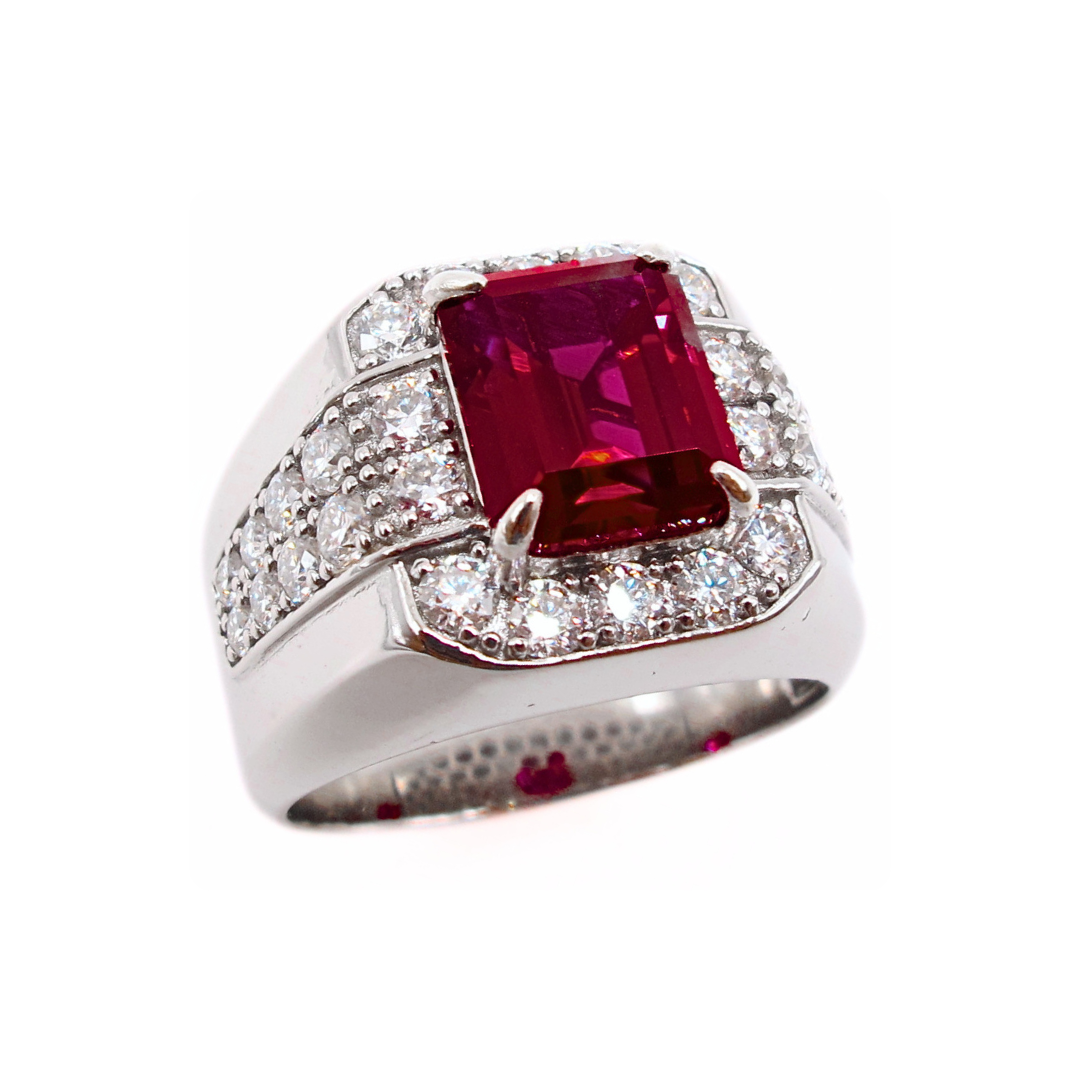 Premium Lab Corundum Ruby with Moissanite Sterling Silver 925 Men's Ring Emerald Cut Rhodium Plated