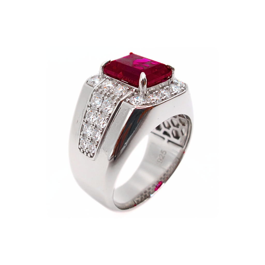 Premium Lab Corundum Ruby with Moissanite Sterling Silver 925 Men's Ring Emerald Cut Rhodium Plated