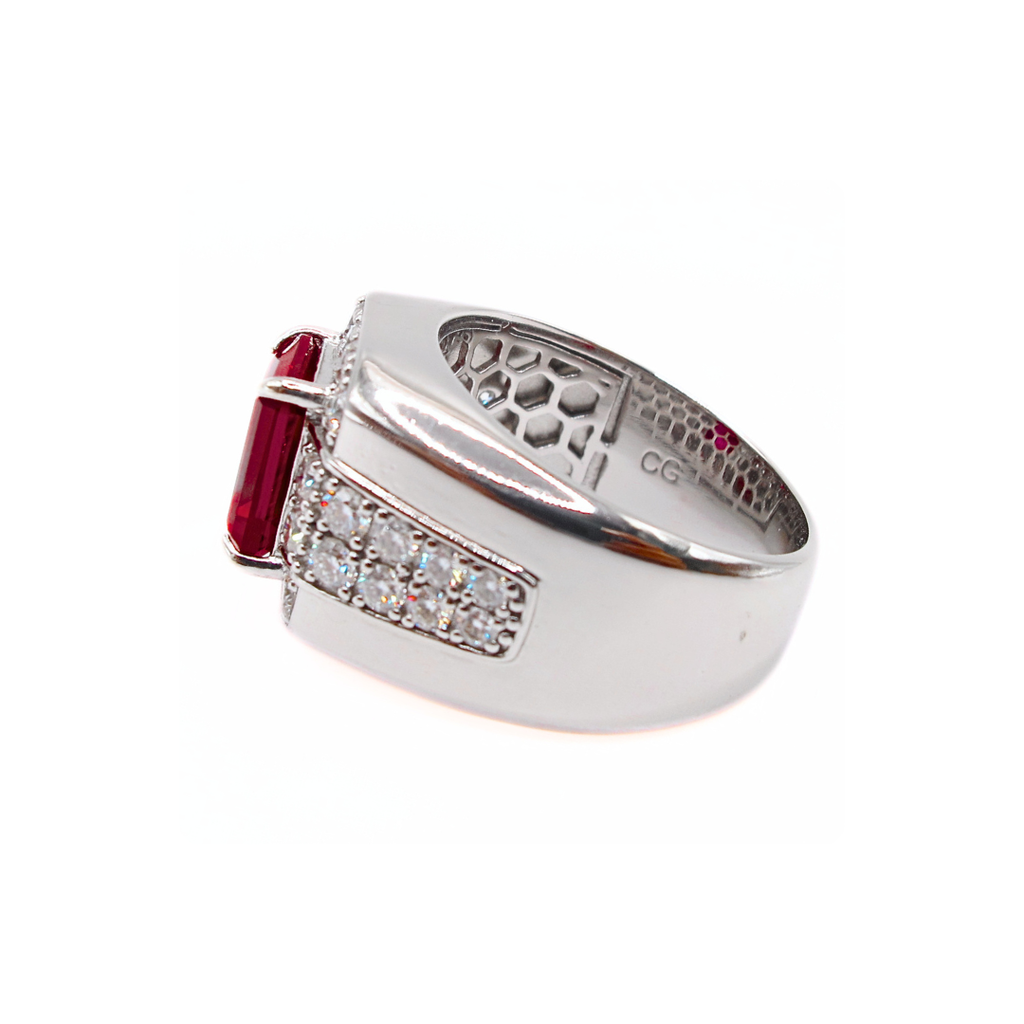 Premium Lab Corundum Ruby with Moissanite Sterling Silver 925 Men's Ring Emerald Cut Rhodium Plated
