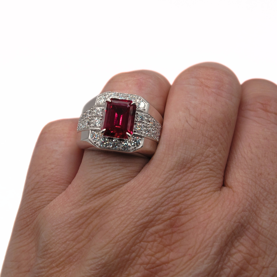 Premium Lab Corundum Ruby with Moissanite Sterling Silver 925 Men's Ring Emerald Cut Rhodium Plated