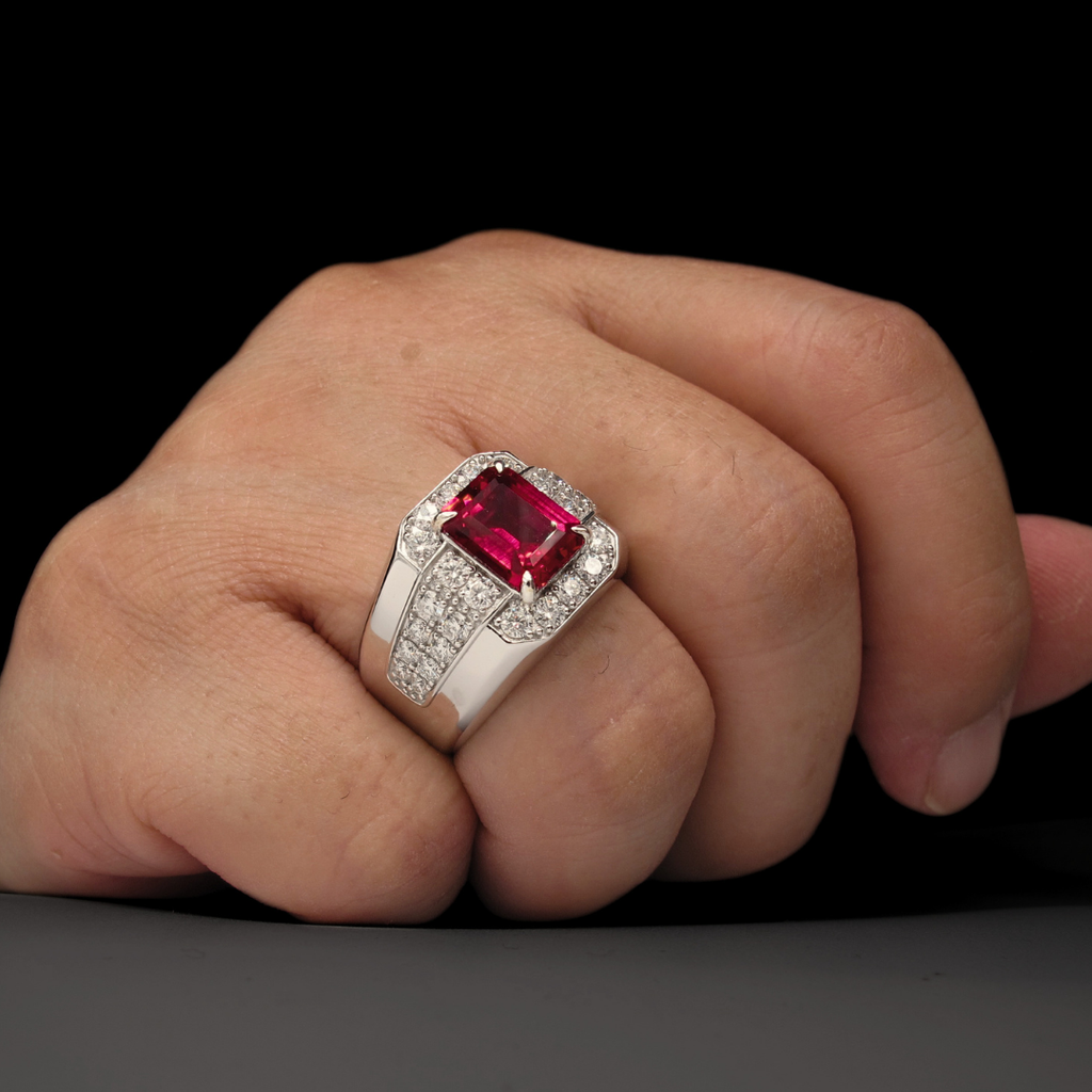 Premium Lab Corundum Ruby with Moissanite Sterling Silver 925 Men's Ring Emerald Cut Rhodium Plated