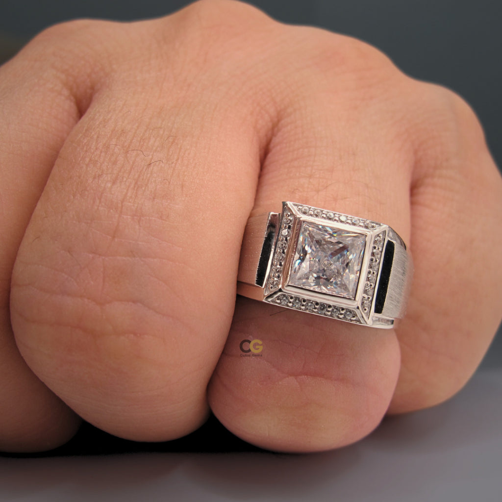 CG Premium Grade Princess Cut Cubic Zirconia Micro Setting Silver Men's Ring
