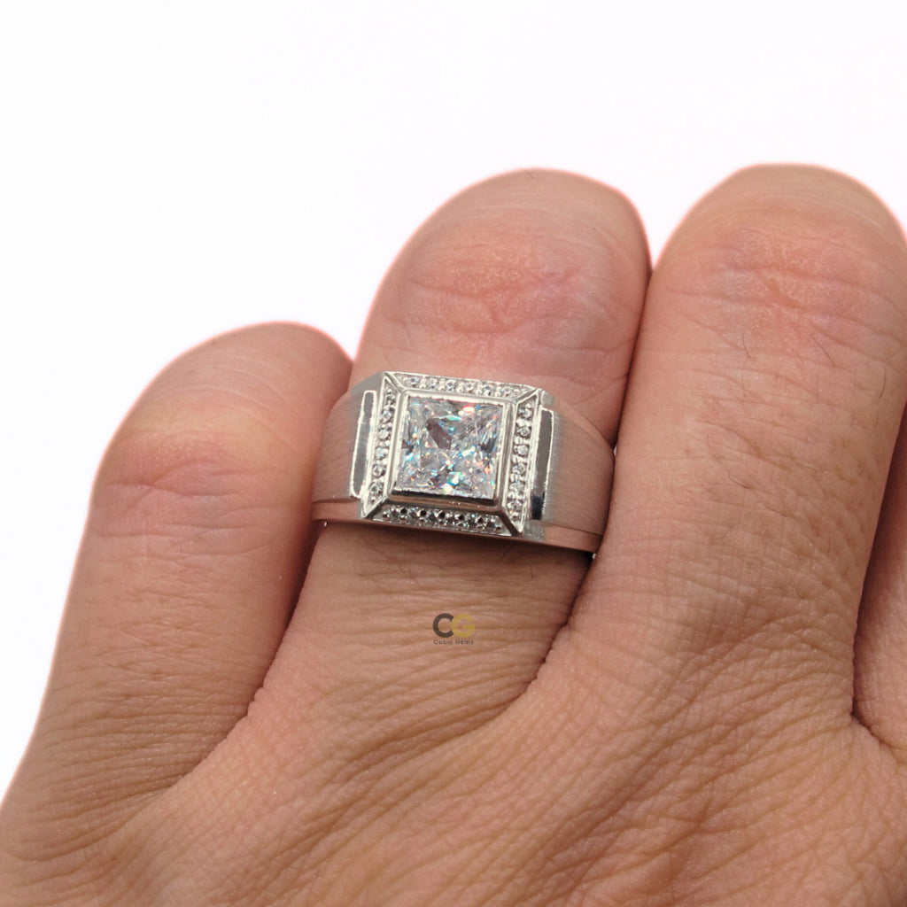 CG Premium Grade Princess Cut Cubic Zirconia Micro Setting Silver Men's Ring
