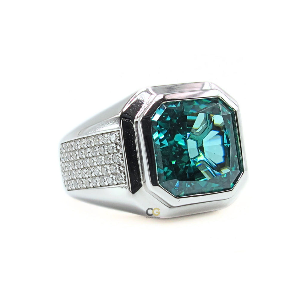 CG Premium Radiant Cut Paraiba Cubic Zirconia Micro Setting Moissanite Silver Mens Ring Cincin