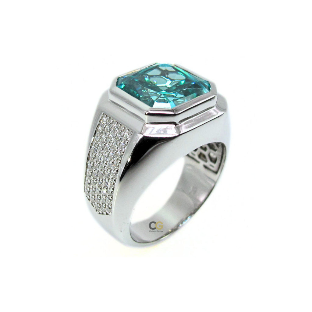 CG Premium Radiant Cut Paraiba Cubic Zirconia Micro Setting Moissanite Silver Mens Ring Cincin
