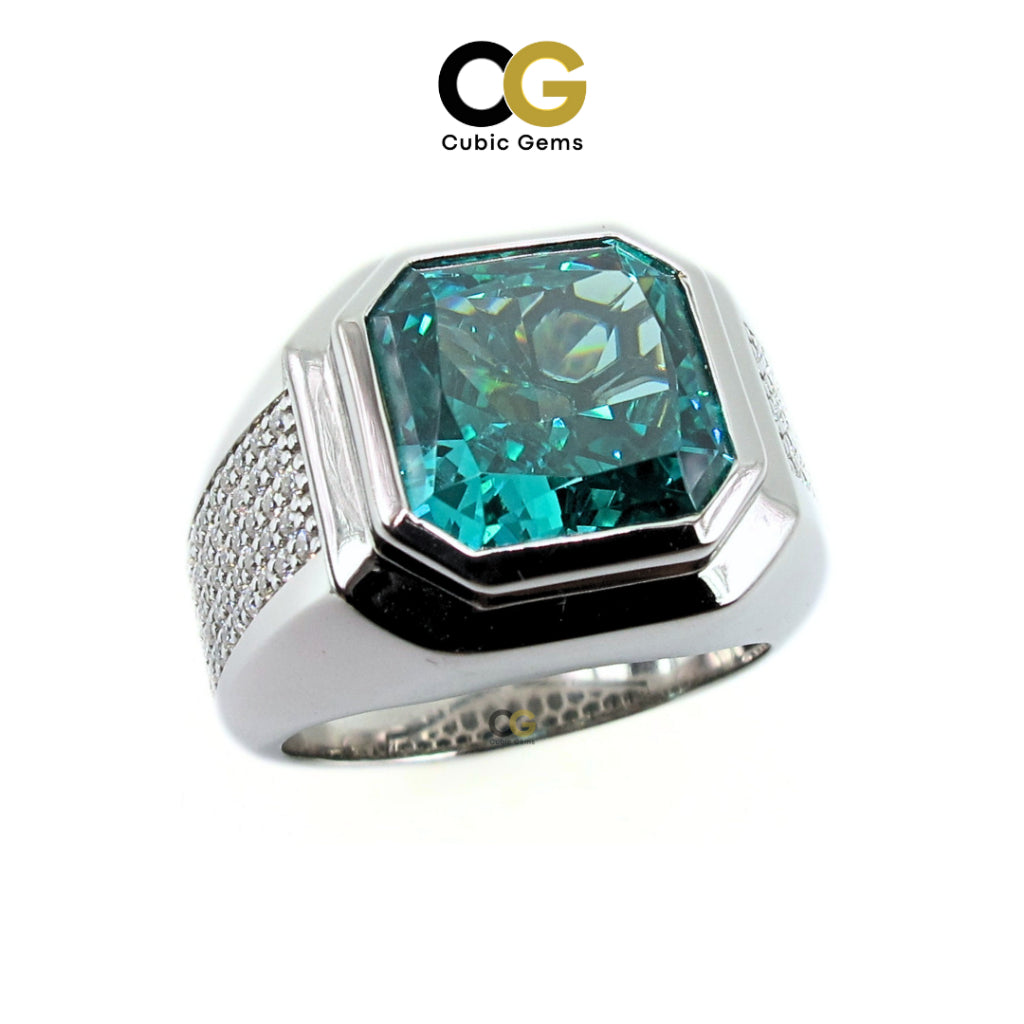 CG Premium Radiant Cut Paraiba Cubic Zirconia Micro Setting Moissanite Silver Mens Ring Cincin