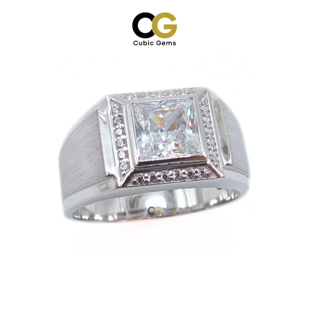 CG Premium Grade Princess Cut Cubic Zirconia Micro Setting Silver Men's Ring