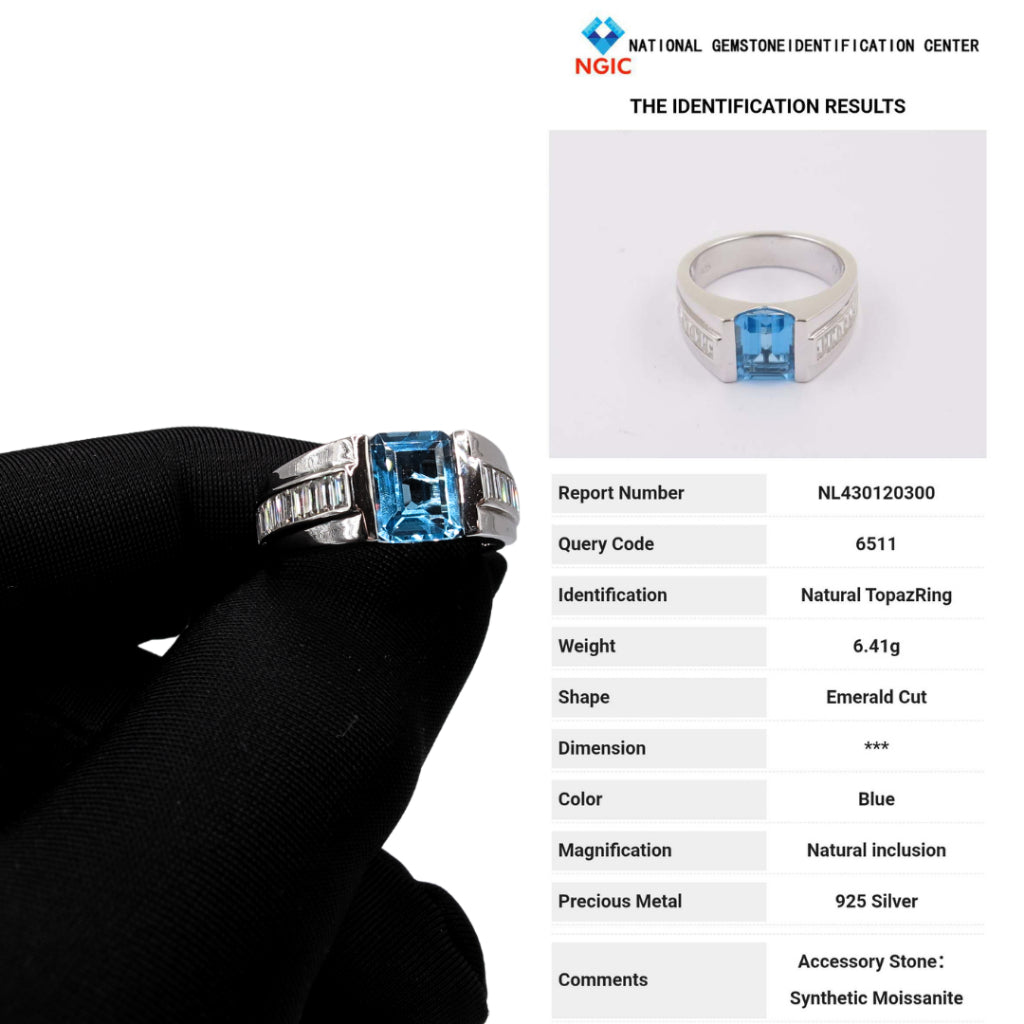 CG | Certified Natural Blue Topaz | Emerald-Cut 2ct | Silver Men’s Ring | D VVS Moissanite Baguette