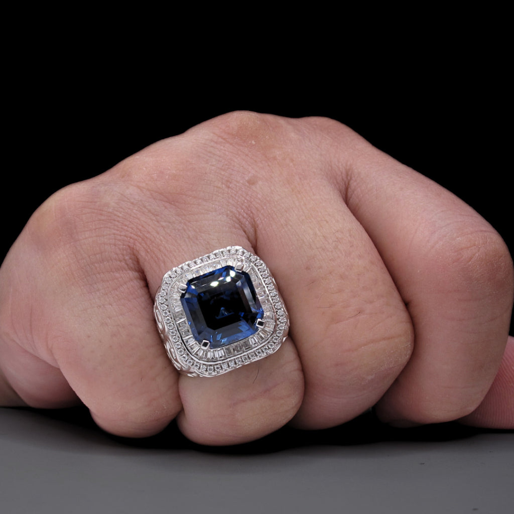 CG Premium Lab Grown Sapphire Men's Ring  | Moissanite | Asscher Cut | 925 Silver Statement Ring