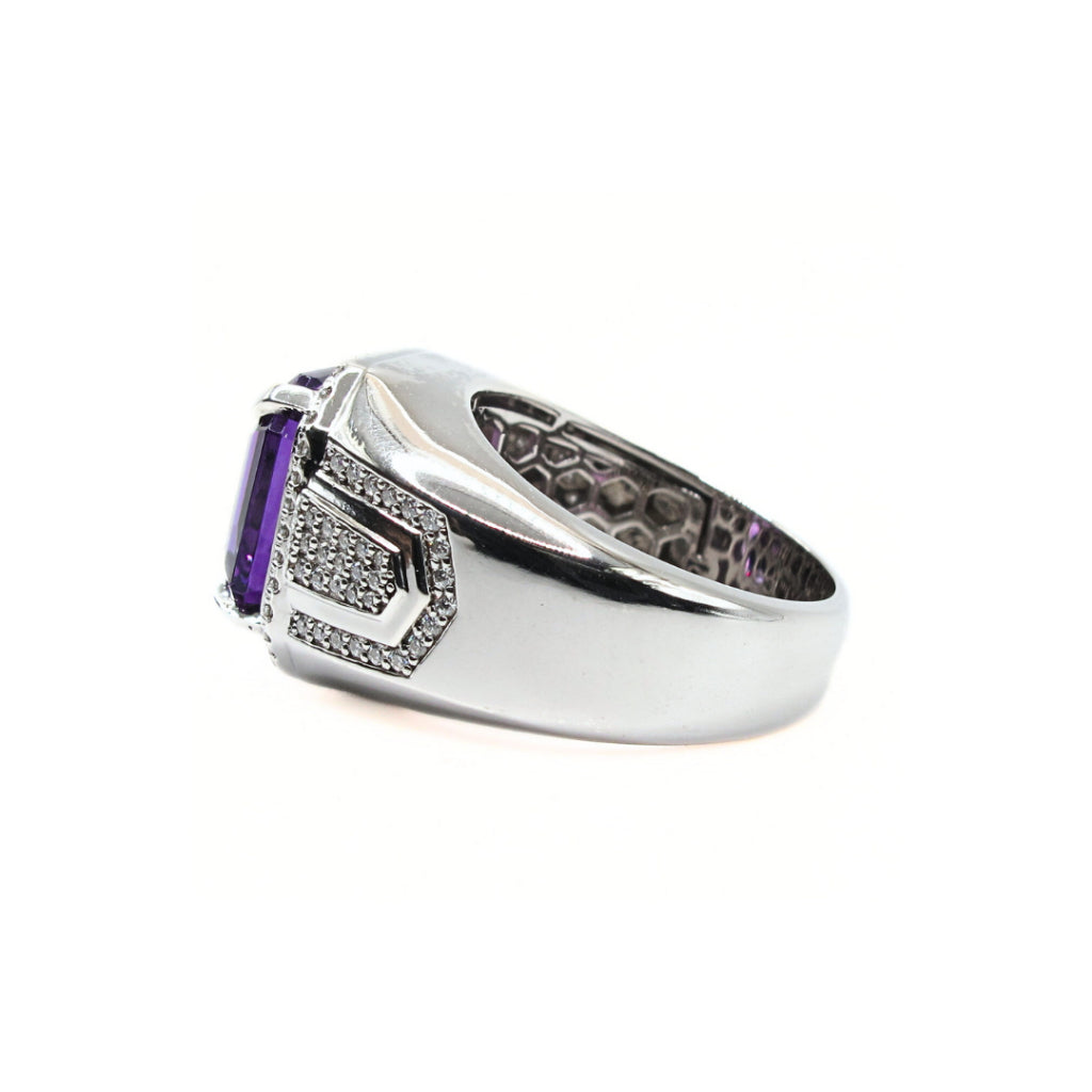 CG | Premium Natural Amethyst Men’s Ring | Asscher Cut 12ct | D VVS Moissanite | Micro Pave Setting