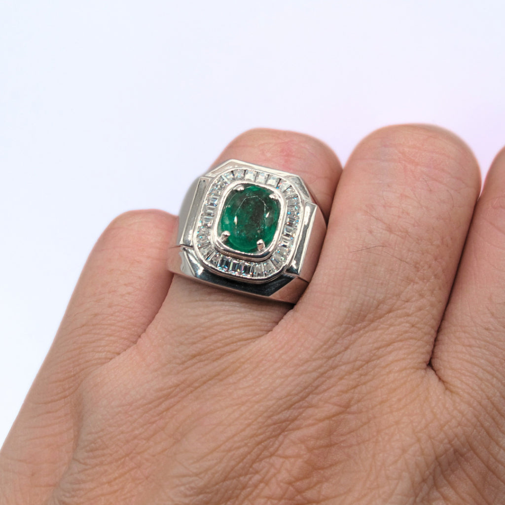 CG | Certified Natural Emerald Men's Ring | Oval Cut 1.41ct | Moissanite VVS D Color | Luxury Silver