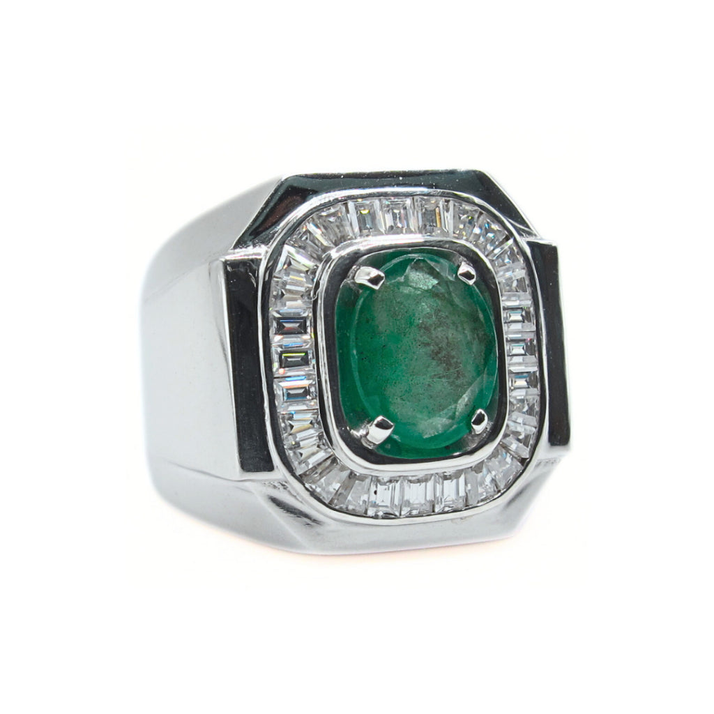CG | Certified Natural Emerald Men's Ring | Oval Cut 1.41ct | Moissanite VVS D Color | Luxury Silver
