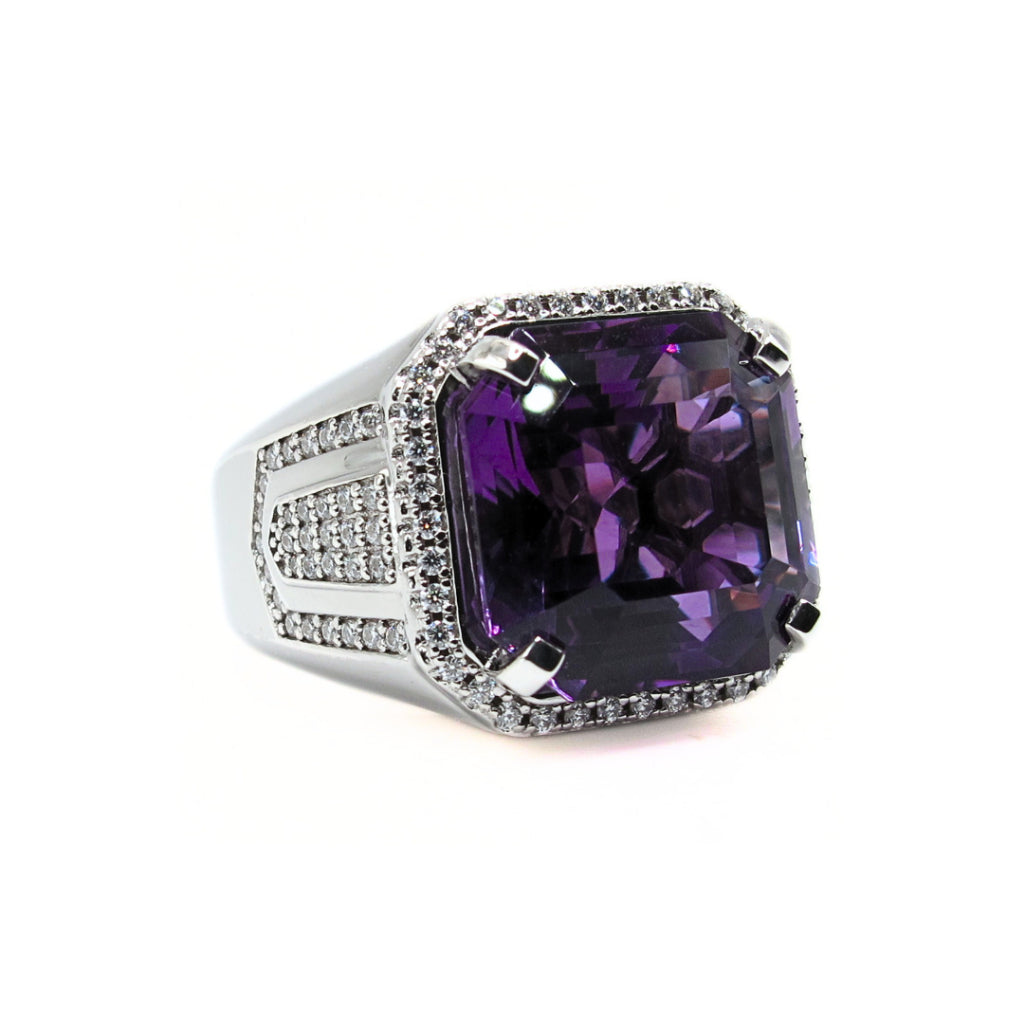 CG | Premium Natural Amethyst Men’s Ring | Asscher Cut 12ct | D VVS Moissanite | Micro Pave Setting