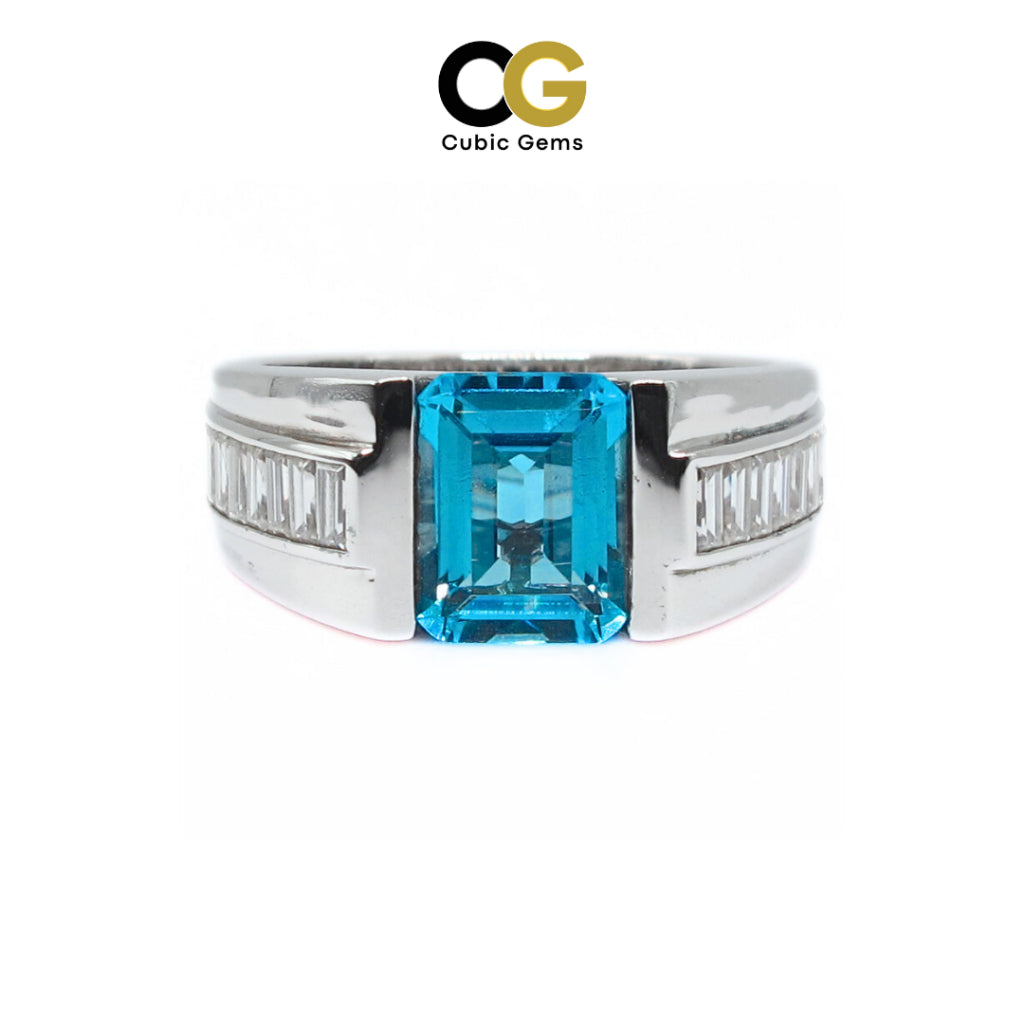 CG | Certified Natural Blue Topaz | Emerald-Cut 2ct | Silver Men’s Ring | D VVS Moissanite Baguette