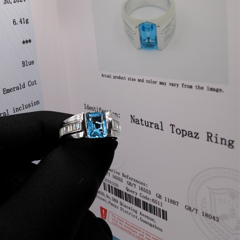 CG | Certified Natural Blue Topaz | Emerald-Cut 2ct | Silver Men’s Ring | D VVS Moissanite Baguette