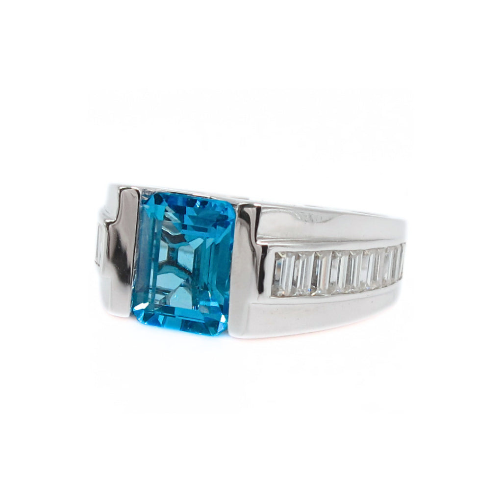 CG | Certified Natural Blue Topaz | Emerald-Cut 2ct | Silver Men’s Ring | D VVS Moissanite Baguette