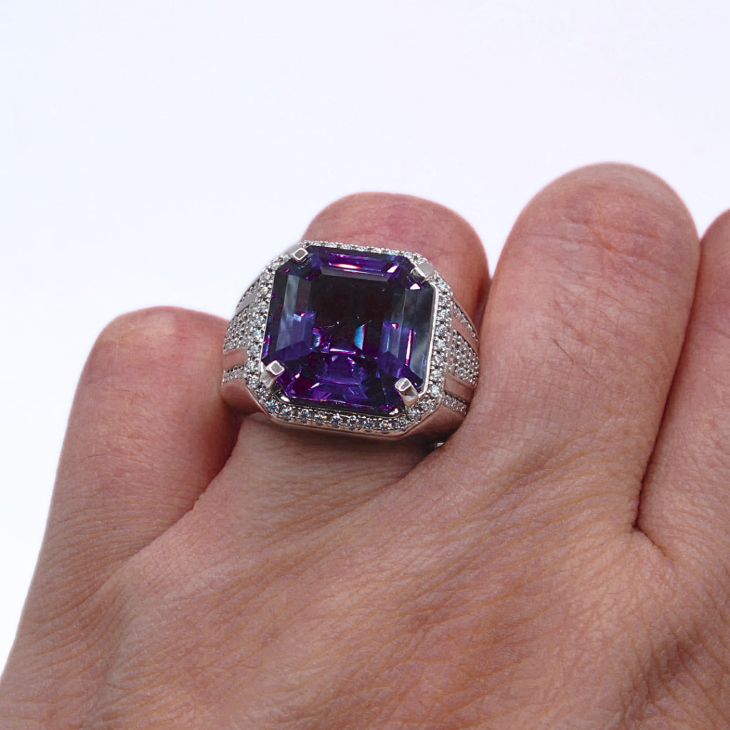 CG | Premium Natural Amethyst Men’s Ring | Asscher Cut 12ct | D VVS Moissanite | Micro Pave Setting