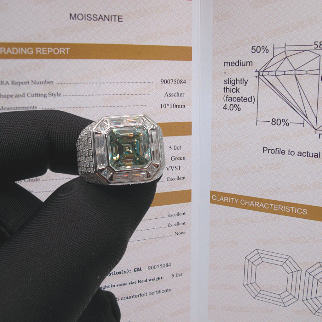 CG | Premium Asscher Cut Moissanite 5 carat Men’s Ring | VVS Grade | Luxury Micro Pavé Setting