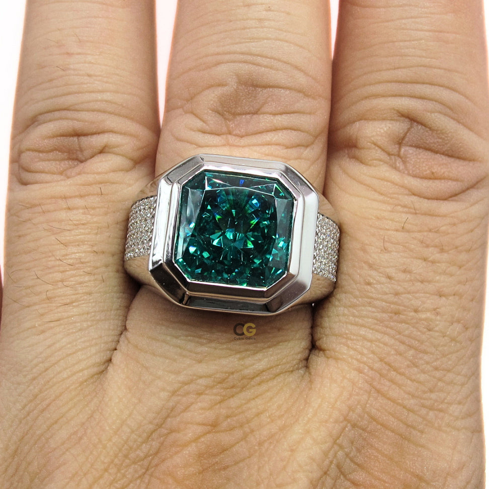 CG Premium Radiant Cut Paraiba Cubic Zirconia Micro Setting Moissanite Silver Mens Ring Cincin