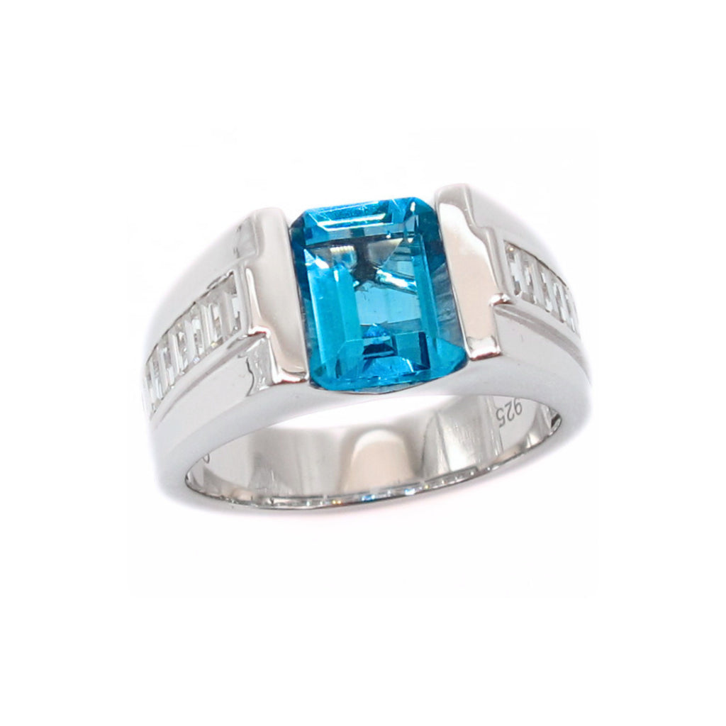CG | Certified Natural Blue Topaz | Emerald-Cut 2ct | Silver Men’s Ring | D VVS Moissanite Baguette