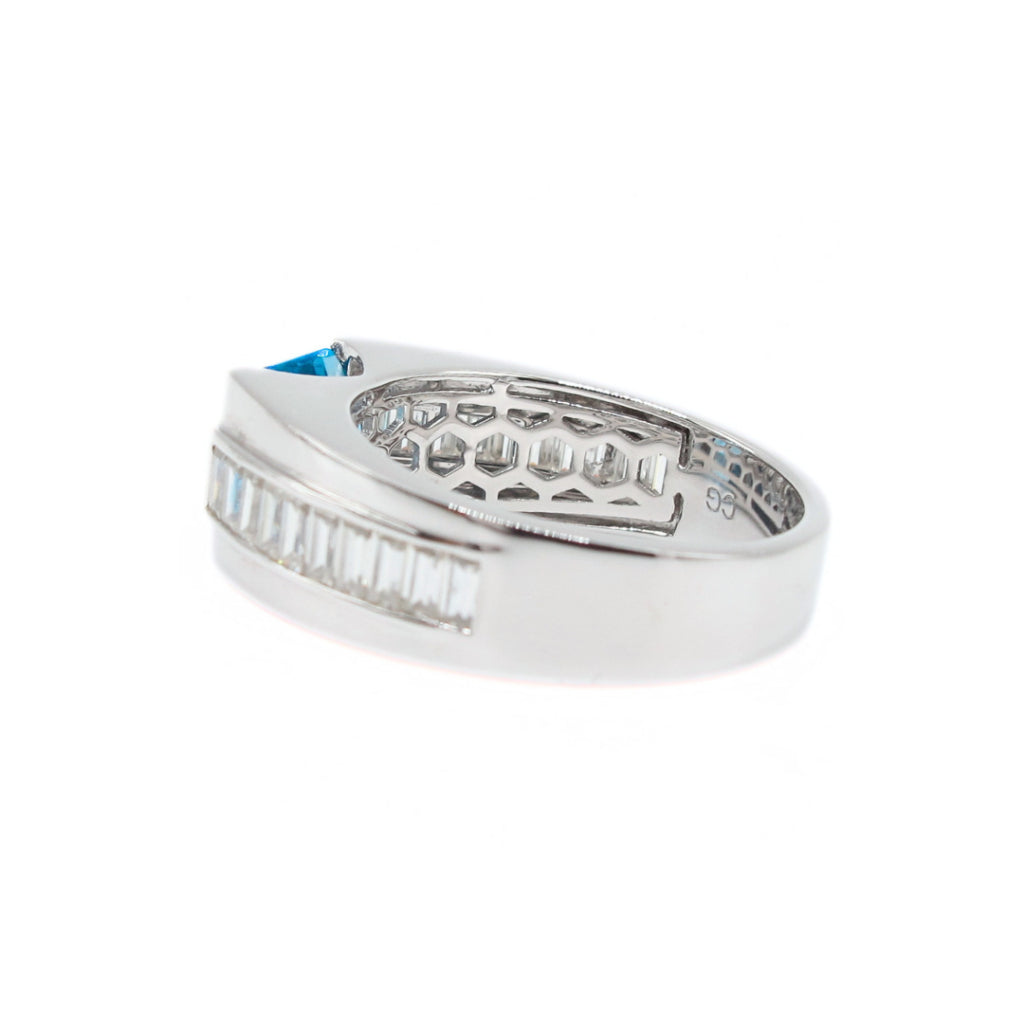 CG | Certified Natural Blue Topaz | Emerald-Cut 2ct | Silver Men’s Ring | D VVS Moissanite Baguette