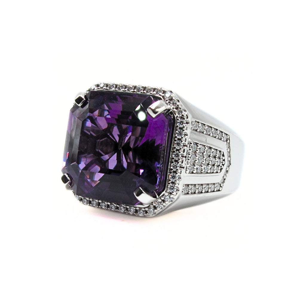 CG | Premium Natural Amethyst Men’s Ring | Asscher Cut 12ct | D VVS Moissanite | Micro Pave Setting