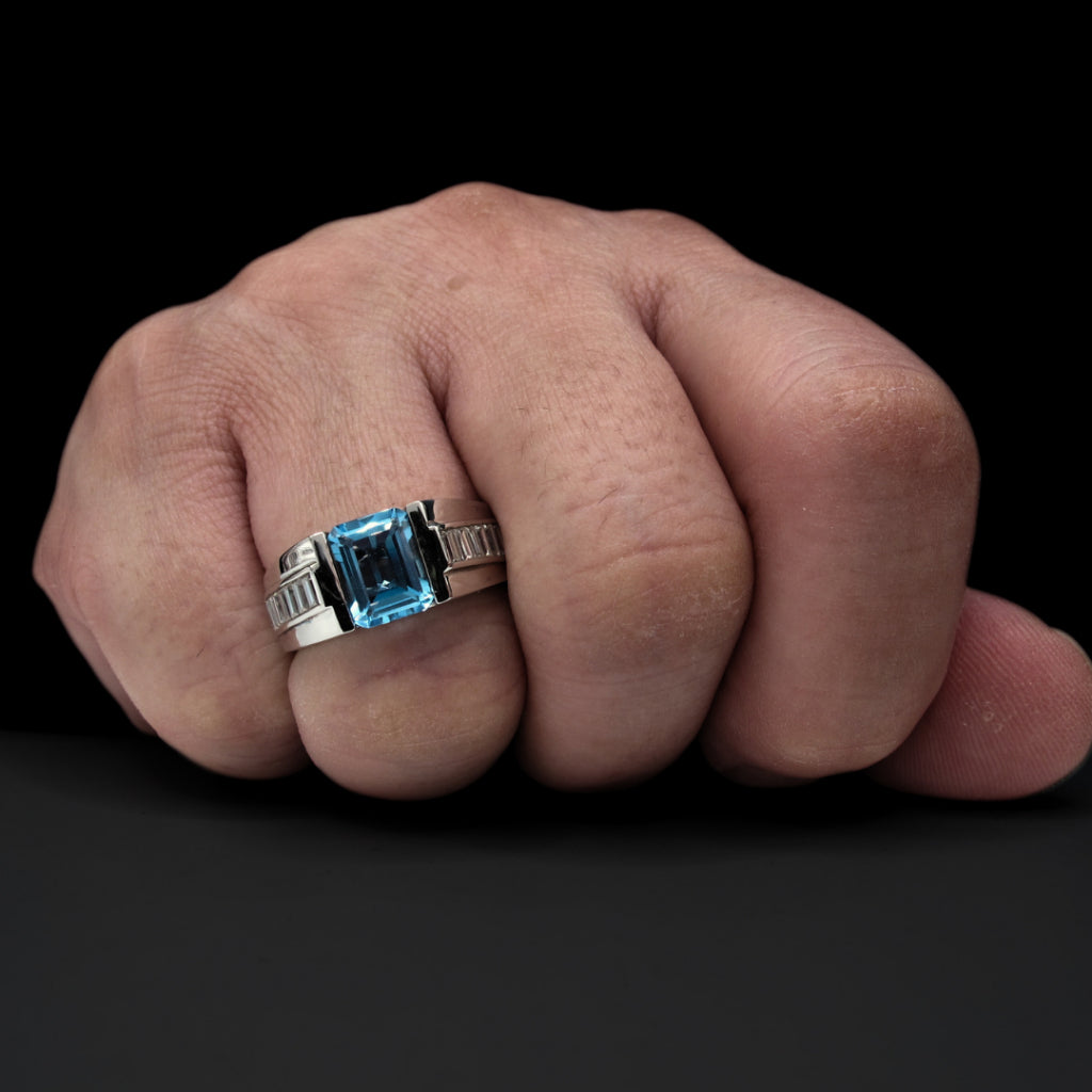 CG | Certified Natural Blue Topaz | Emerald-Cut 2ct | Silver Men’s Ring | D VVS Moissanite Baguette