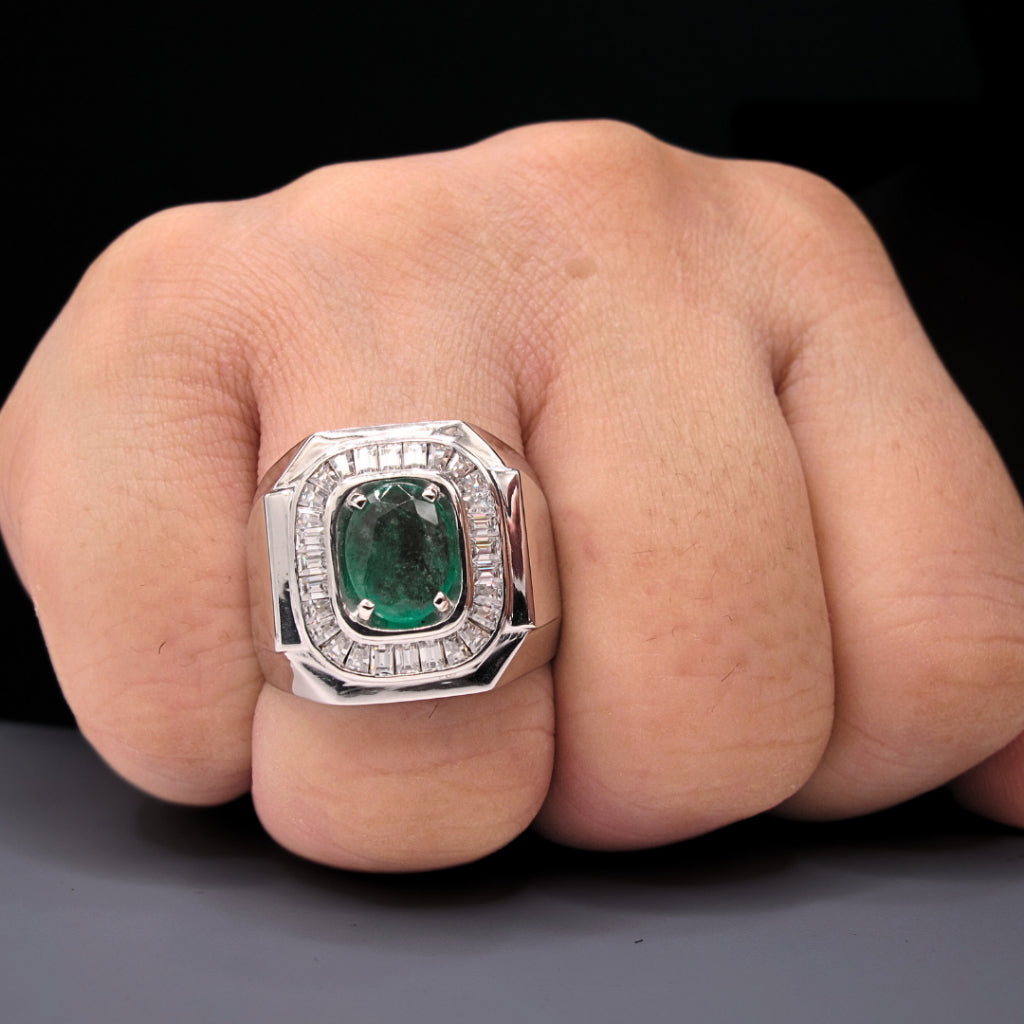 CG | Certified Natural Emerald Men's Ring | Oval Cut 1.41ct | Moissanite VVS D Color | Luxury Silver