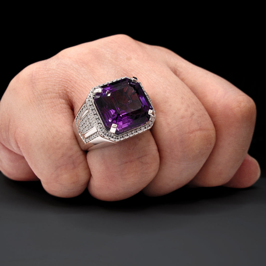 CG | Premium Natural Amethyst Men’s Ring | Asscher Cut 12ct | D VVS Moissanite | Micro Pave Setting