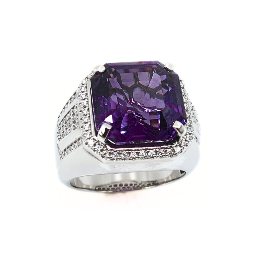 CG | Premium Natural Amethyst Men’s Ring | Asscher Cut 12ct | D VVS Moissanite | Micro Pave Setting
