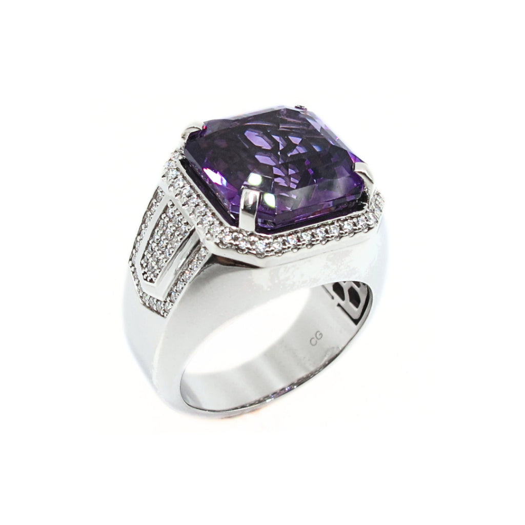 CG | Premium Natural Amethyst Men’s Ring | Asscher Cut 12ct | D VVS Moissanite | Micro Pave Setting