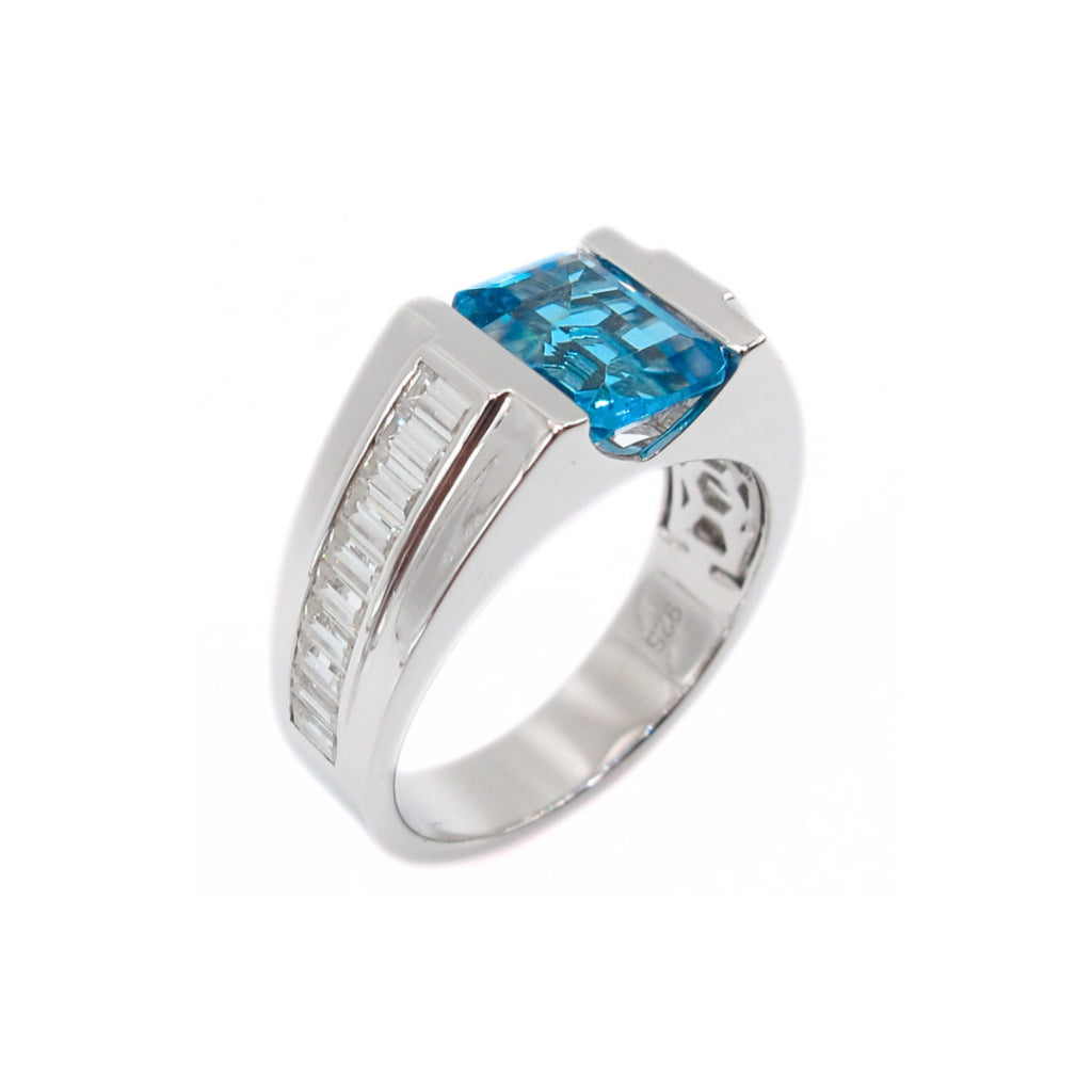 CG | Certified Natural Blue Topaz | Emerald-Cut 2ct | Silver Men’s Ring | D VVS Moissanite Baguette