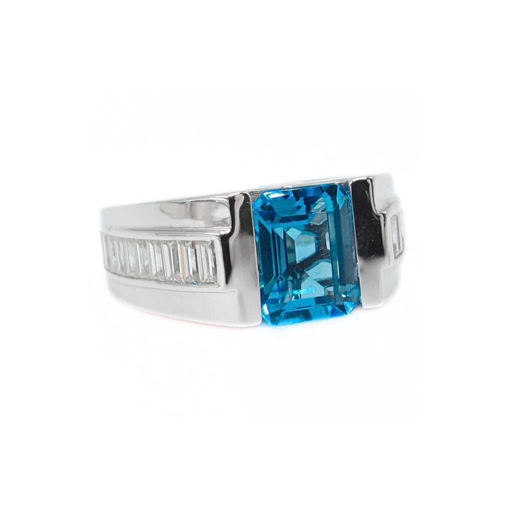 CG | Certified Natural Blue Topaz | Emerald-Cut 2ct | Silver Men’s Ring | D VVS Moissanite Baguette