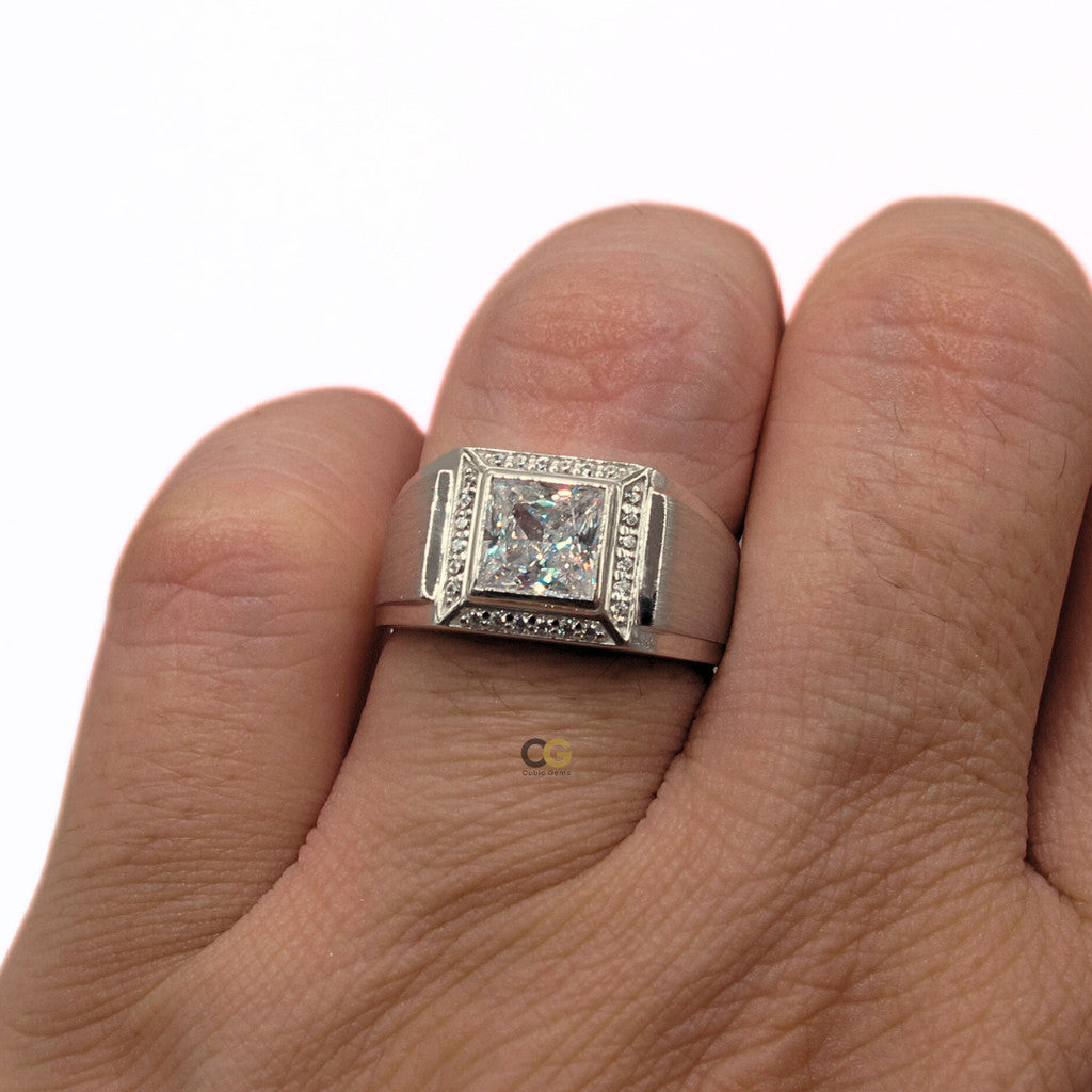 CG Premium Grade Princess Cut Cubic Zirconia Micro Setting Silver Men's Ring
