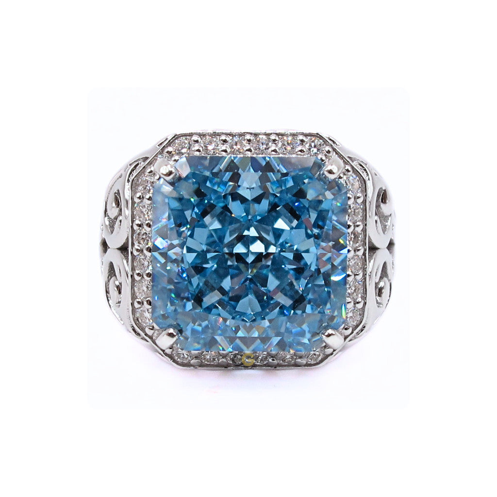 CG Premium Radiant-Cut Topaz Color Cubic Zirconia with Moissanite Micro Setting Silver Men’s Ring