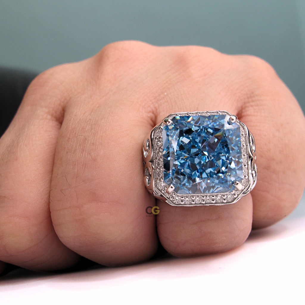 CG Premium Radiant-Cut Topaz Color Cubic Zirconia with Moissanite Micro Setting Silver Men’s Ring